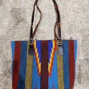 Multicolor Striped Tote Bag with Leather Straps